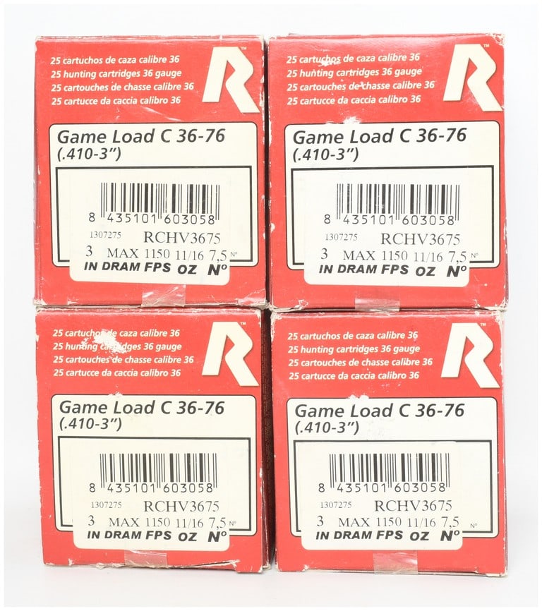 A Lot of 100 Rounds of Rio Game Load C 36-76 Shotgun Ammunition .410 Bore: This lot consists of 100 rounds of Rio brand Game Load shotgun ammunition, divided into four boxes of 25 rounds each. These cartridges are chambered for .410 bore with a 3-inch (76mm) shell length, of