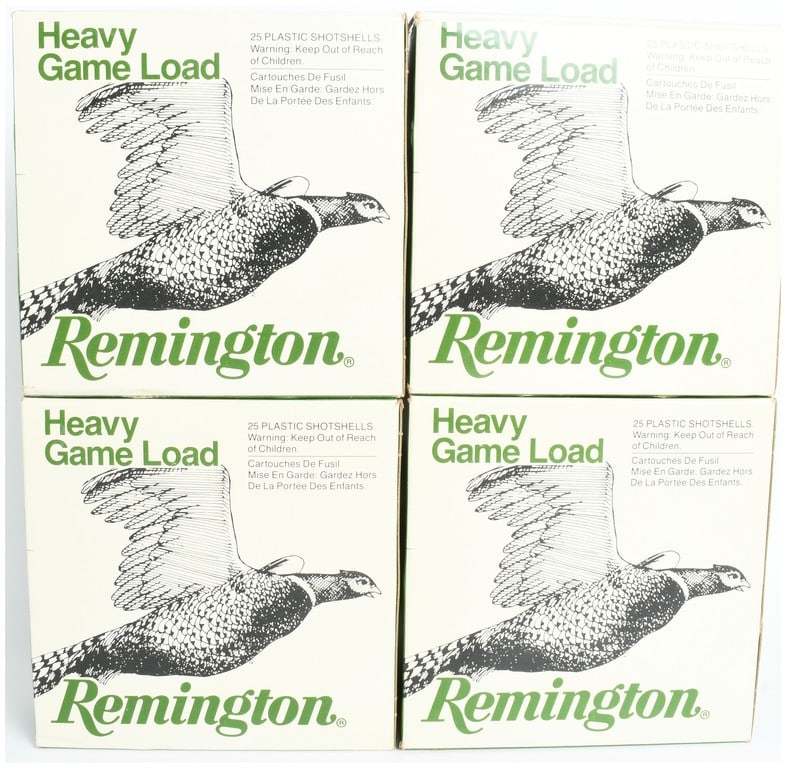 Remington Heavy Game Load 12 Gauge Shotgun Ammunition: A lot of 100 12-gauge shotgun shells, consisting of four original boxes of 25 rounds each. These Remington brand shells are categorized as Heavy Game Loads, designed for use with 2 3/4-inch chambers. 