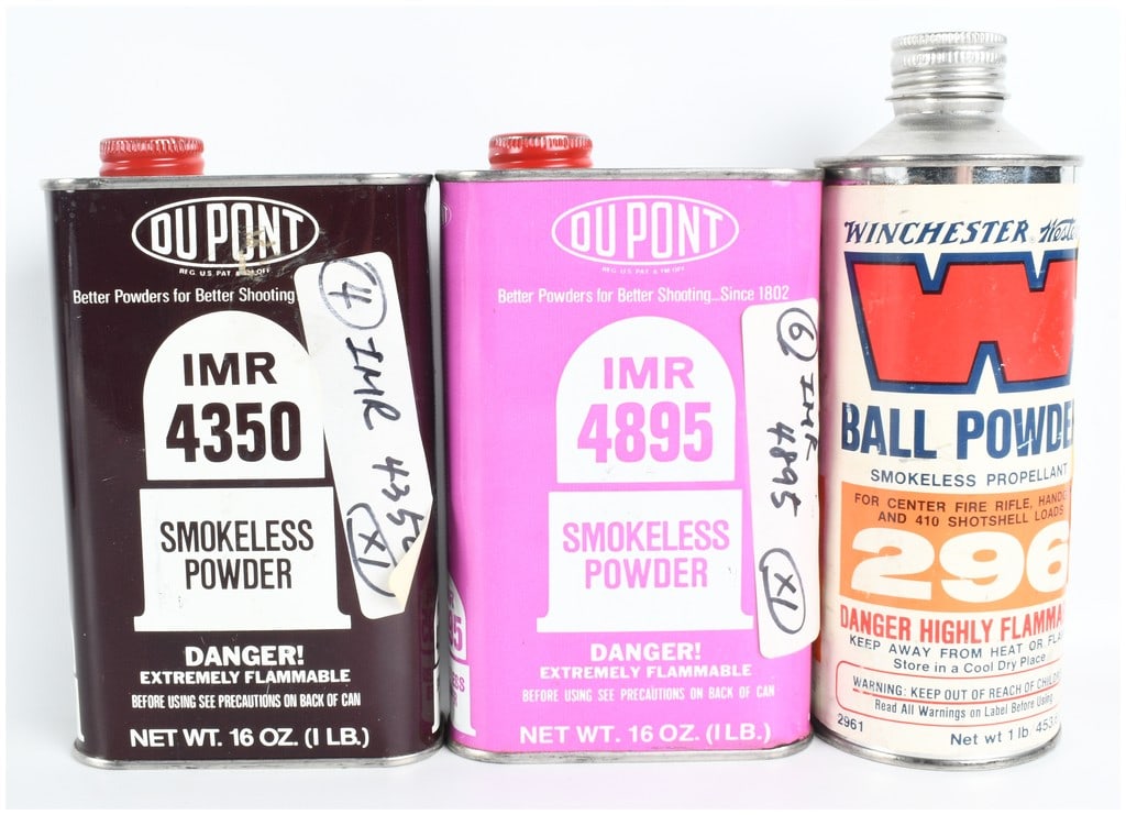 Three Vintage Metal Smokeless Gun Powder Tins including DuPont IMR and Winchester 296 (1 of 2)