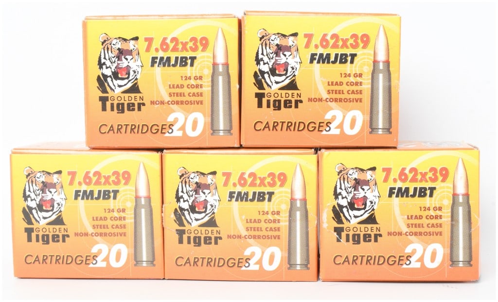 A Lot of 100 Rounds of Golden Tiger FMJBT Ammunition 7.62x39mm: This lot consists of 100 rounds of Russian-made Golden Tiger brand 7.62x39mm rifle ammunition, contained in five boxes of 20 rounds each. The cartridges are loaded with 124-grain Full Metal Jacket Boa
