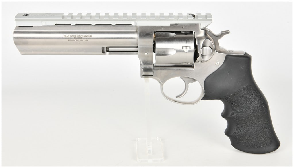 Ruger GP100 Double Action Revolver .357 Magnum with 6 Inch Barrel: This Ruger GP100 is a double-action revolver chambered for the .357 Magnum cartridge, configured with a six-shot cylinder and a 6-inch barrel featuring a full-length underlug. The firearm is construct