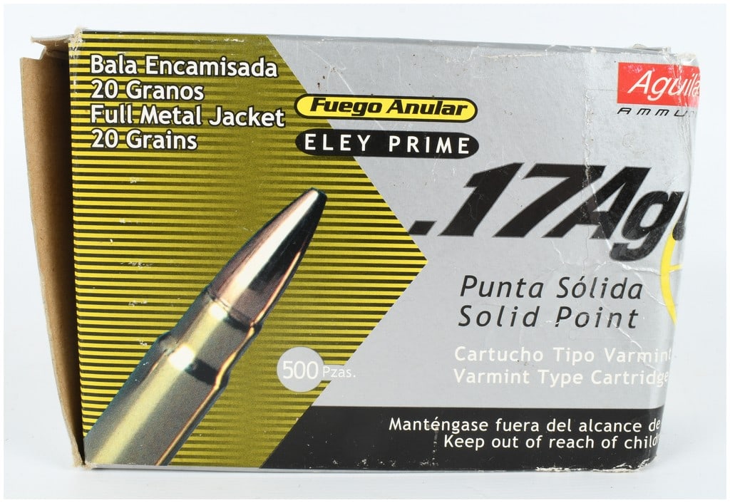 A Lot of 350 Aguila Ammunition .17 Aguila 20 Grain Jacketed Solid Point Rimfire Cartridges: This lot consists of a total of 350 rounds of Aguila Ammunition chambered in .17 Aguila. These rimfire cartridges feature 20-grain jacketed solid point bullets, also designated as full metal jacket, d