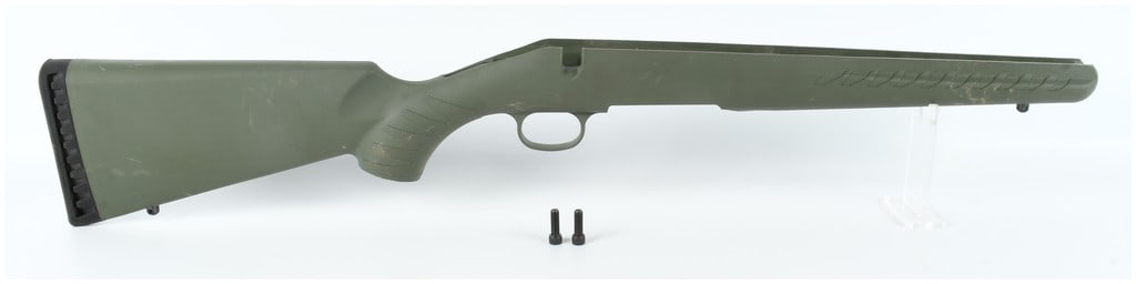 Ruger American Short Action Synthetic Rifle Stock: A Ruger American short action rifle stock molded from synthetic polymer with an olive drab green finish. The stock is equipped with a black textured rubber recoil pad and features an integrated