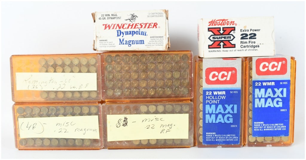 A Lot of 325 Rounds of Assorted .22 Caliber Rimfire Ammunition including .22 WMR and .22 WRF: This lot consists of a collection of 325 rounds of .22 caliber rimfire ammunition, primarily comprised of .22 Winchester Magnum Rimfire (.22 WMR) with a smaller quantity of .22 Winchester Rimfire