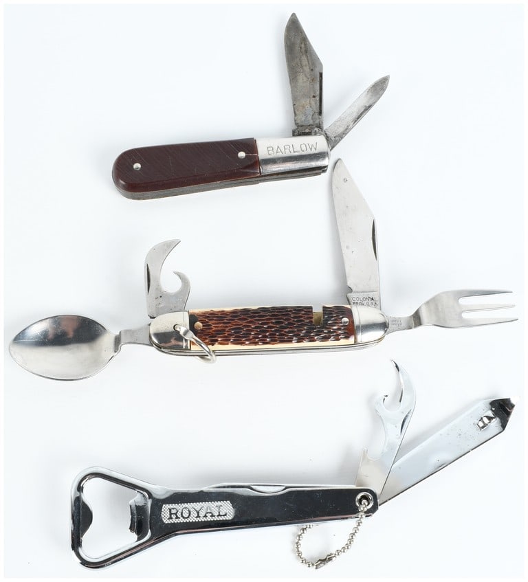 Three Vintage American Pocket Knives and Folding Multi Tools Including Imperial Barlow and Colonial: This lot consists of three vintage American folding pocket knives and pocket multi-tools. The first item is an Imperial Barlow pocket knife, a classic Barlow pattern folder featuring a carbon steel cl