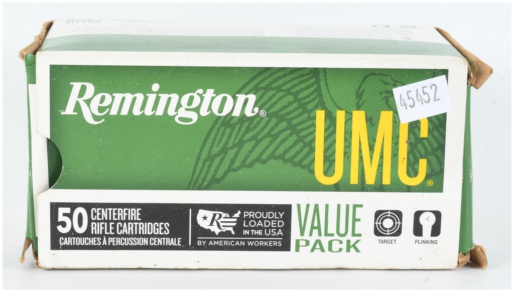 A Lot of 50 Remington UMC Centerfire Rifle Ammunition .223 Remington with 55 Grain FMJ Bullets: This lot consists of 50 rounds of Remington UMC centerfire rifle ammunition chambered in .223 Remington. The cartridges are intended for target practice and plinking, featuring 55-grain full metal