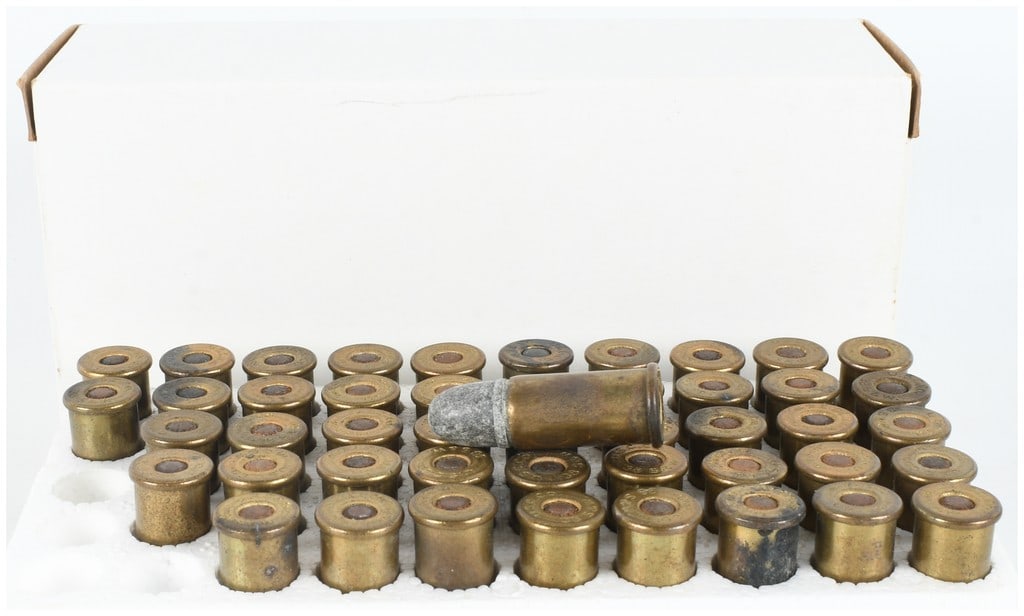 A Lot of 47 United States Cartridge Company .38 S&W Centerfire Pistol Cartridges: This lot consists of 47 rounds of vintage .38 S&W factory ammo manufactured by the United States Cartridge Company (USCCO). These centerfire pistol cartridges feature round-nose lead bullets seated