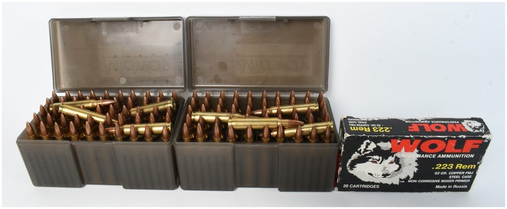 A Lot of 128 Rounds of Wolf Performance Ammunition .223 Remington 62 Grain FMJ: This lot contains 128 rounds of Wolf Performance Ammunition chambered in .223 Remington. Each cartridge features a 62-grain copper full metal jacket projectile and a steel case finished in an olive dr