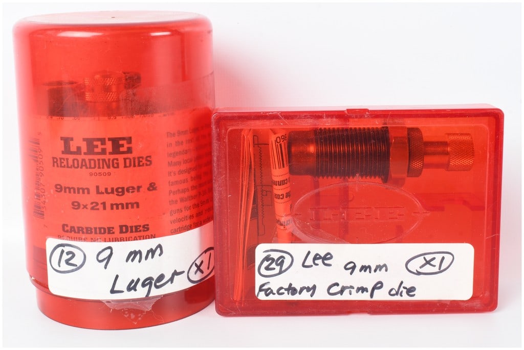 Two Lee Precision 9mm Die Sets: This lot consists of two Lee Precision 9mm die sets designed for ammunition reloading. The first set is a 9mm Luger and 9x21mm carbide die set, manufacturer model number 90509, which includes three in