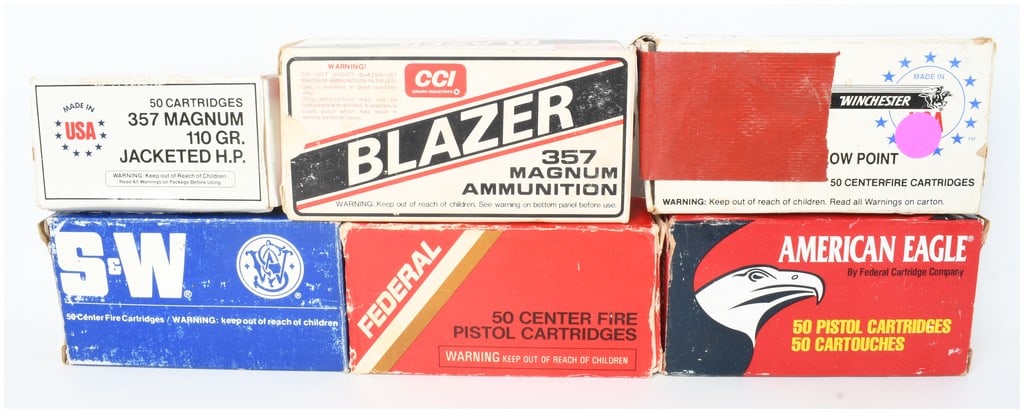 A Lot of 265 Rounds of .357 Magnum Centerfire Ammunition: This lot comprises 265 rounds of .357 Magnum centerfire ammunition housed in six various boxes from several prominent manufacturers. The collection contains fifty-round boxes including CCI Blazer,