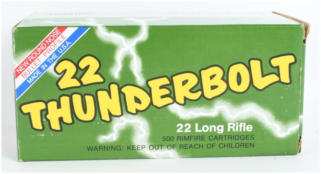 A Lot of 450 Remington Thunderbolt Ammunition .22 Long Rifle: This lot consists of 450 rounds of Remington Thunderbolt brand .22 Long Rifle rimfire ammunition. These high-speed cartridges feature 40-grain lead round-nose bullets with a waxy lubricant coating,