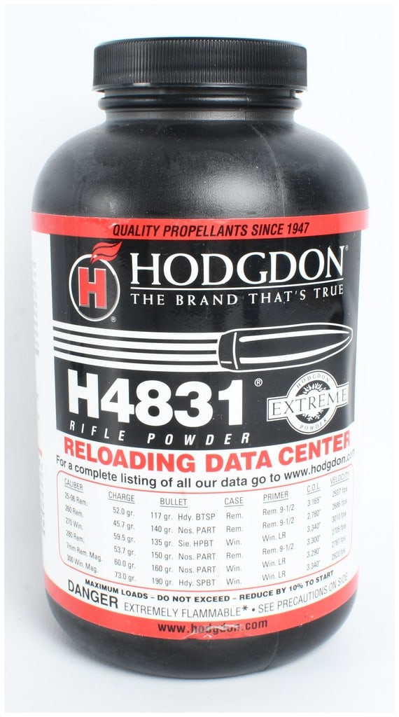 Hodgdon H4831 Extreme Smokeless Rifle Powder, 1 lb: A one-pound container of Hodgdon H4831 Extreme smokeless rifle powder, manufactured by the Hodgdon Powder Co. of Shawnee, Kansas. The propellant is housed in a black molded plastic bottle with a black