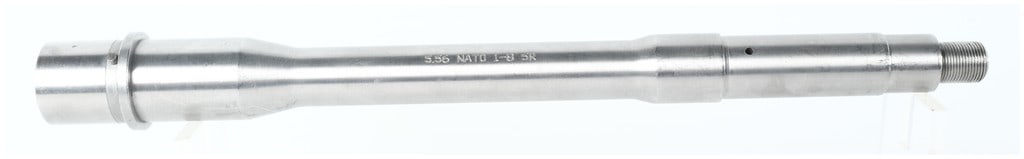 AR-15 Stainless Steel Rifle Barrel 5.56 NATO 1:8 5R Rifling: This stainless steel rifle barrel is designed for the AR-15 platform and features a natural finish. The side of the barrel is engraved with the markings 5.56 NATO 1-8 5R, identifying its caliber, a 1:
