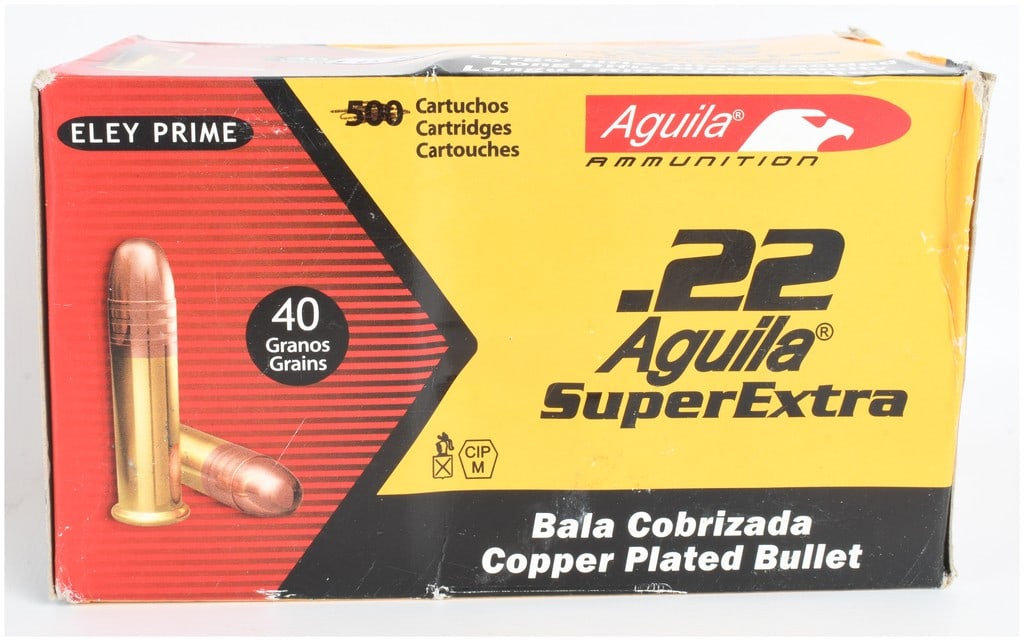 A Lot of 450 Aguila SuperExtra High Velocity Ammunition .22 Long Rifle: This lot comprises 450 rounds of Aguila SuperExtra .22 Long Rifle rimfire ammunition. These high velocity cartridges are loaded with 40 grain copper plated solid point bullets, which are designed for 