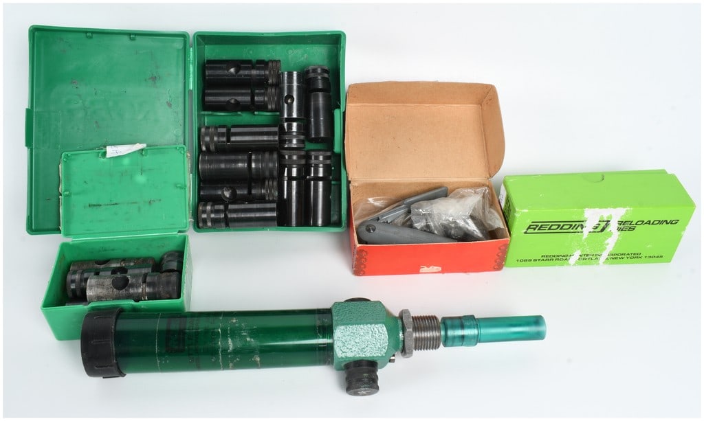 A Collection of 5 Reloading Tools including RCBS Little Dandy Powder Measure and Redding .30-06 Die: This lot consists of a collection of five reloading tools and accessories primarily for ammunition preparation. Included is one RCBS Little Dandy pistol powder measure featuring a translucent green re
