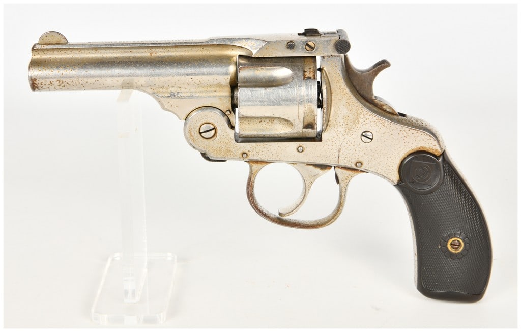 Harrington & Richardson Automatic Ejecting Second Model Top-Break Double-Action Revolver .38 S&W: This is a single Harrington & Richardson Automatic Ejecting Second Model top-break, double-action revolver chambered for .38 S&W cartridges. This model was designed for black powder cartridges and fea