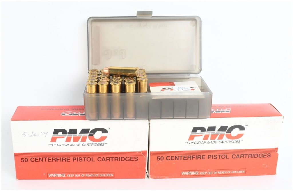 A Lot of 125 Rounds of PMC .41 Remington Magnum Ammunition: This lot consists of a total of 125 rounds of .41 Remington Magnum ammunition manufactured by PMC (Precision Made Cartridges). The collection features two distinct 210-grain projectile types: the 41C 