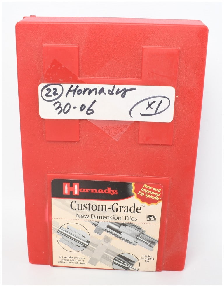 Hornady Custom Grade 30-06 Springfield Full Length 2-Die Set: This Hornady Custom-Grade New Dimension 1 die set is for .30-06 Springfield ammunition. The set includes two knurled steel dies consisting of a full-length resizing die with a Zip Spindle decapping as