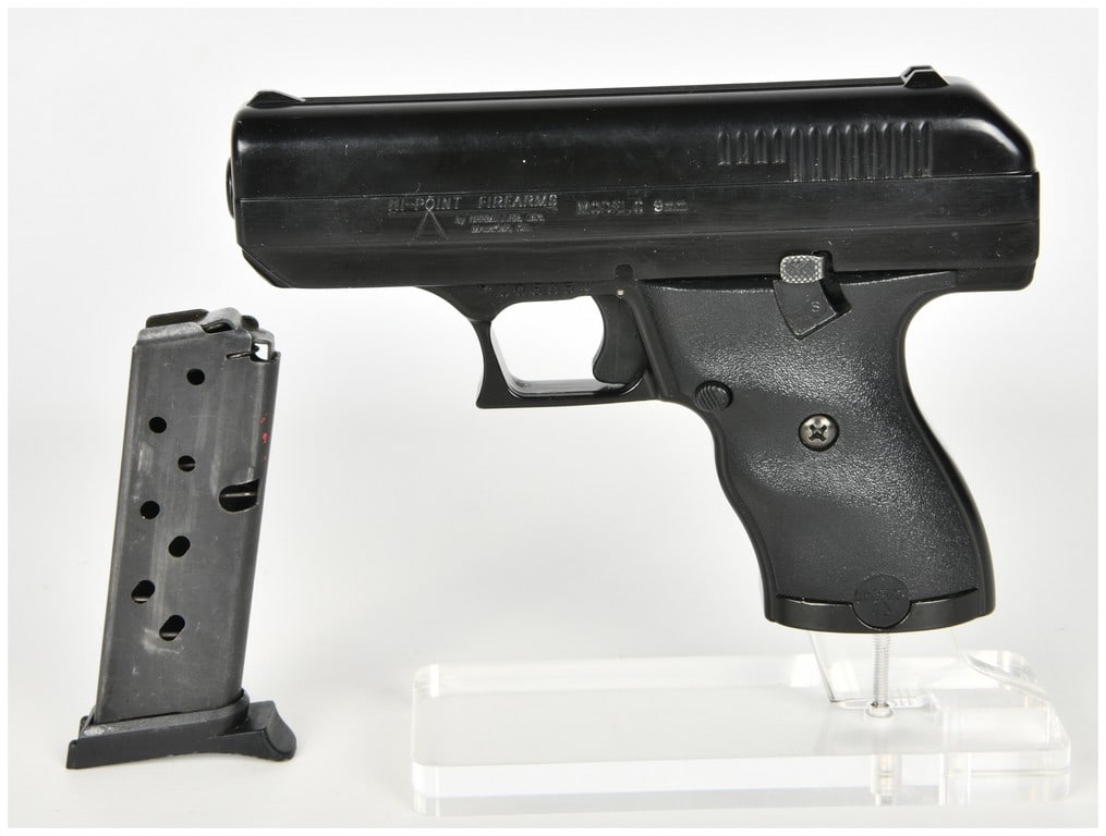 Hi-Point Firearms Model C Semi-Automatic Pistol 9mm: This semi-automatic pistol is a Hi-Point Firearms Model C chambered in 9mm. It features a heavy matte black slide and a textured black polymer frame with integrated grips and a prominent trigger guard