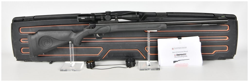 Thompson/Center Impact SB Break-Open Muzzleloading Rifle .50 Caliber with 26 Inch Barrel: This Thompson/Center Impact SB is a break-open action muzzleloading rifle chambered in .50 caliber designed for hunting and sporting use. It features a 26 inch barrel with a blued finish and an under-