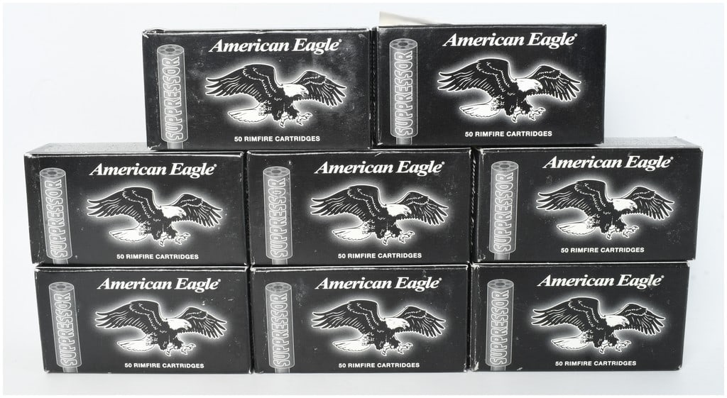A Lot of 400 Rounds of Federal American Eagle Suppressor .22 Long Rifle Ammunition: This lot consists of 400 rounds of Federal American Eagle Suppressor line .22 Long Rifle ammunition, contained within eight individual boxes of 50 cartridges each. The ammunition features a 45-grain c