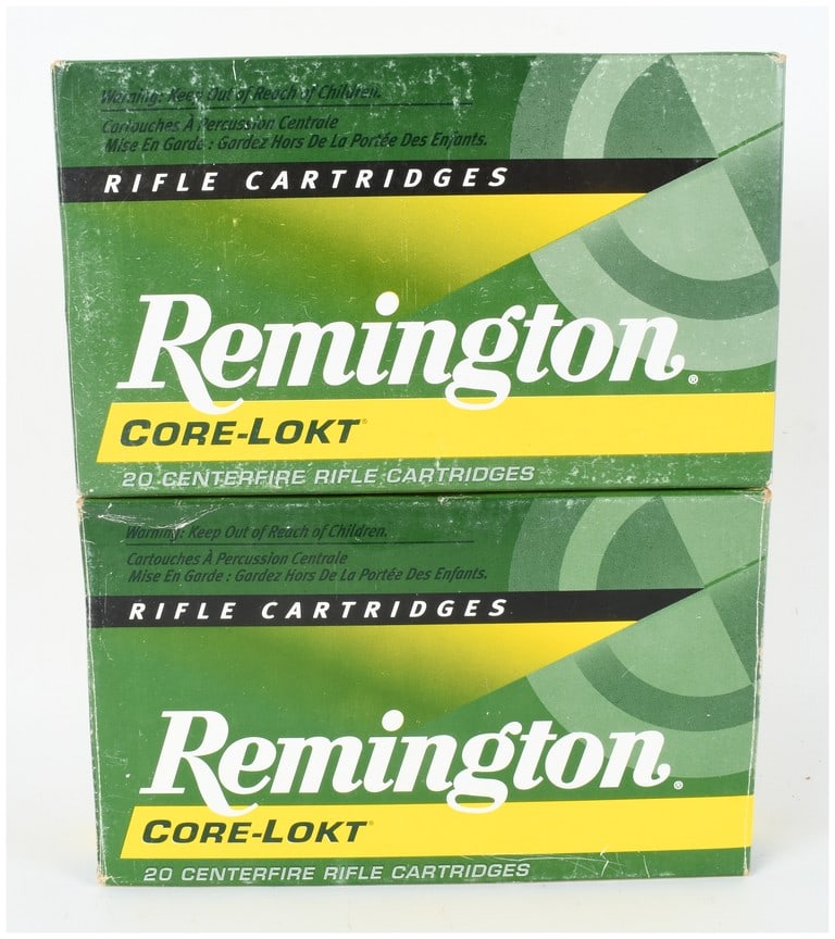 A Lot of 40 Rounds Remington Core-Lokt .25-06 Remington Centerfire Rifle Ammunition: This lot features two original factory boxes containing a total of 40 rounds of Remington Core-Lokt centerfire rifle ammunition chambered in .25-06 Remington. These cartridges are equipped with 100-gr