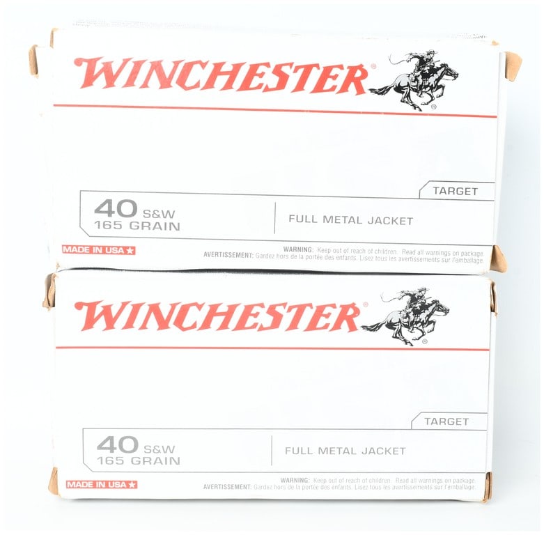 A Lot of 100 Rounds of Winchester Target Ammunition .40 S&W: This lot consists of 100 rounds of Winchester Target brand handgun ammunition chambered in .40 S&W. The ammunition is equipped with 165-grain full metal jacket projectiles, typically utilized for rang
