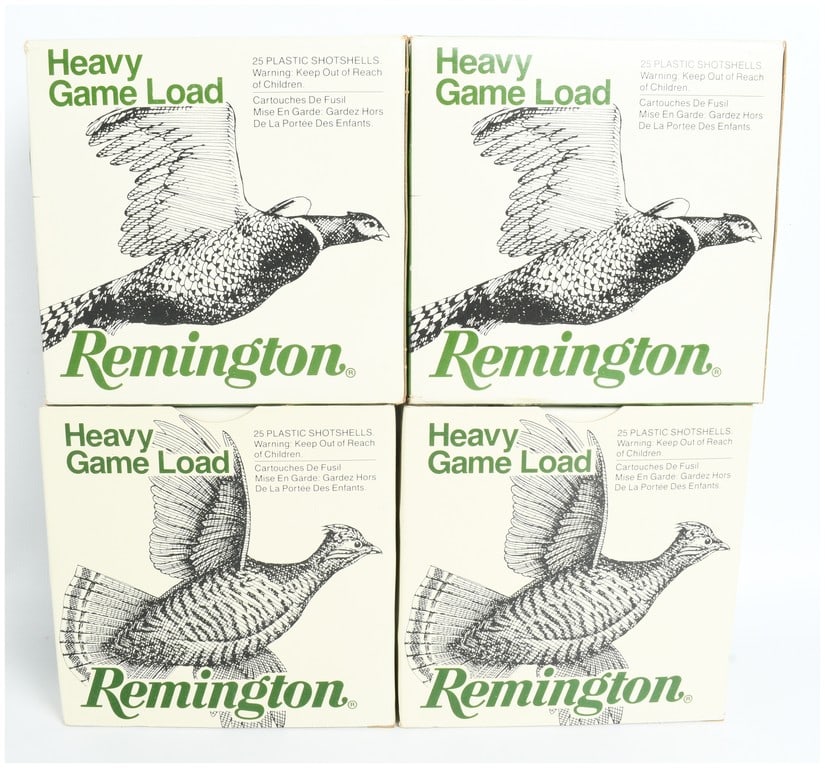 A Lot of 100 Rounds of Remington Heavy Game Load Shotgun Ammunition 12 Gauge: This lot consists of four boxes of Remington Heavy Game Load 12-gauge shotgun ammunition, totaling 100 rounds. Each box contains 25 plastic shotshells featuring 2 3/4 inch hulls, a 3 3/4 dram equivale