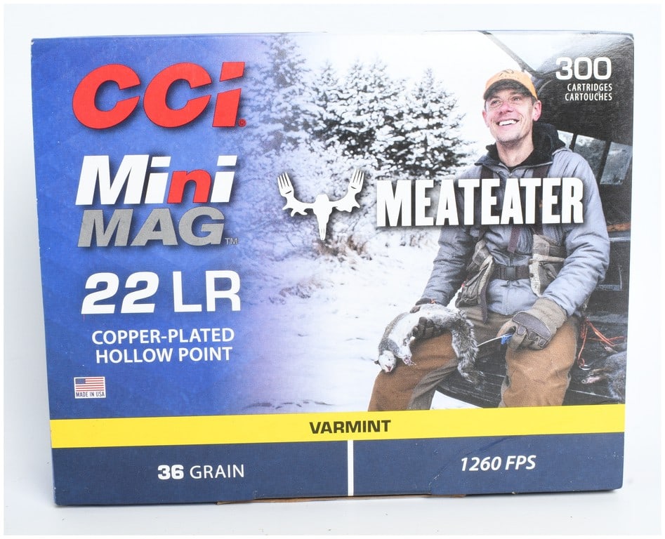 A Lot of 300 Rounds CCI Mini-Mag MeatEater Ammunition .22 LR: This lot consists of a 300-count box of CCI Mini-Mag .22 Long Rifle ammunition, produced as a special MeatEater signature series. Each cartridge features a 36-grain copper-plated hollow point projecti