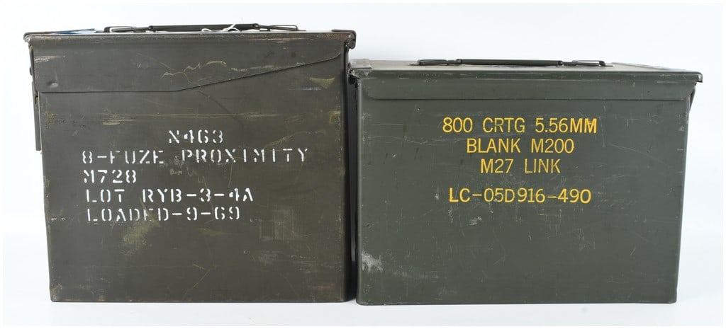 Two United States Military Surplus Metal Ammunition Containers, Vietnam War and GWOT Eras: This lot consists of two United States military surplus metal ammunition and ordnance containers representing different eras of service. The first container is a Vietnam War-era proximity fuze can. It