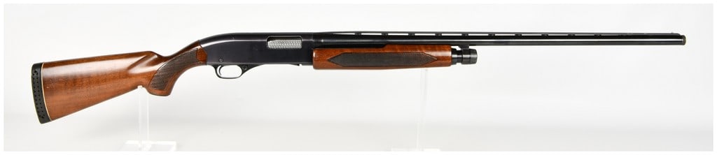 Winchester Model 1200 Pump-Action Shotgun 20 Gauge with 28 Inch Barrel: This Winchester Model 1200 is a pump-action shotgun chambered for 20-gauge, 2 3/4-inch shells, featuring a 28-inch ventilated rib barrel. The barrel is equipped with a single metal front bead sight an