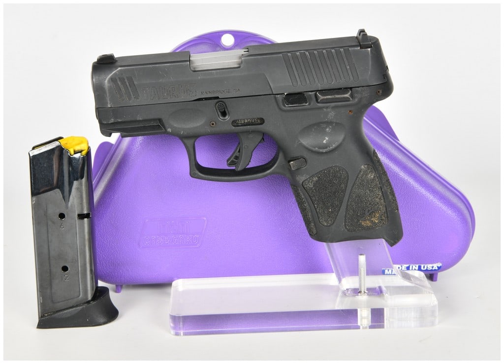 Taurus G3c Semi-Automatic Pistol 9mm with 3.2 Inch Barrel: One Taurus G3c semi-automatic pistol chambered in 9x19mm Luger. This compact striker-fired firearm features a 3.2-inch barrel and is built on a black polymer frame with integrated textured grip panels