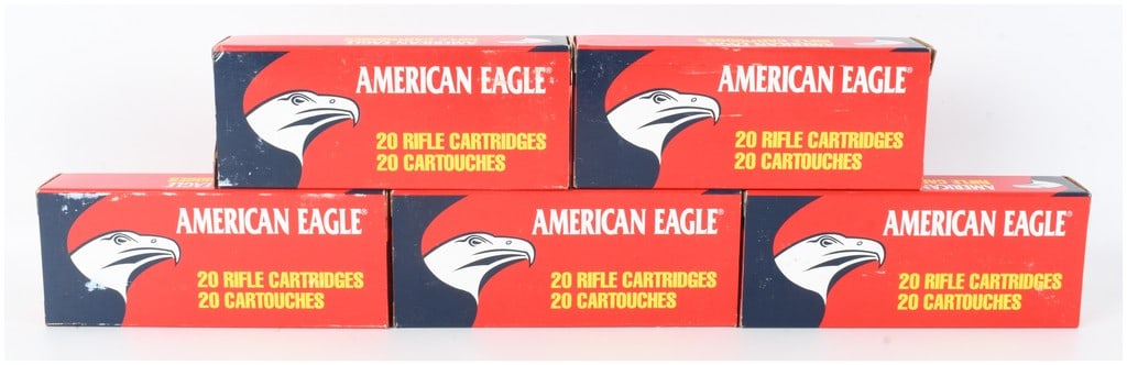 A Lot of 100 Rounds Federal American Eagle Centerfire Rifle Ammunition 7.62 x 39mm Soviet: This lot consists of 100 rounds of centerfire rifle ammunition produced by the Federal Cartridge Company under the American Eagle brand. The ammunition is 7.62 x 39mm Soviet caliber, featuring a 124-g