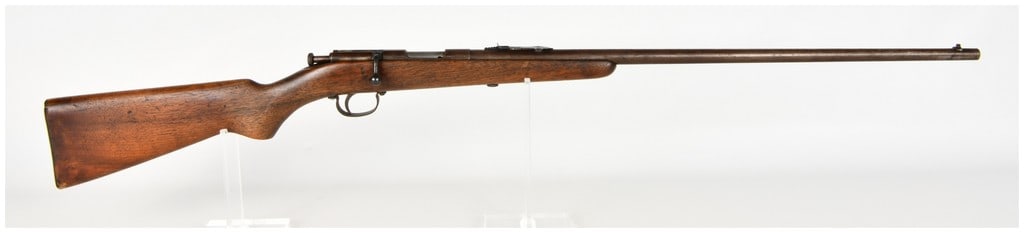 Remington Model 33 Bolt Action Rifle .22 Short, Long, or Long Rifle with 24 Inch Barrel: This Remington Model 33 is a single-shot bolt-action rifle chambered for .22 Short, Long, or Long Rifle cartridges and is configured with a 24-inch round barrel. The markings on the top of the barrel 