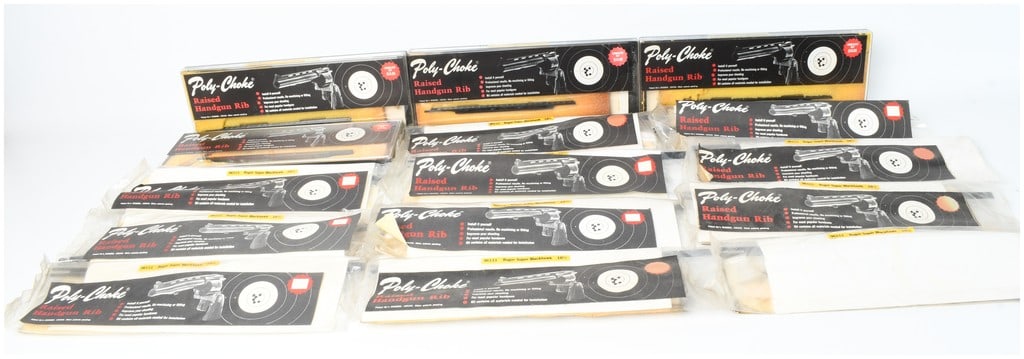 Fifteen Vintage Poly-Choke Raised Handgun Rib Kits for Ruger Super Blackhawk: This collection consists of fifteen vintage Poly-Choke Raised Handgun Rib kits, specifically designed for the Ruger Super Blackhawk with a 10.5-inch barrel. The assortment includes units in two types 