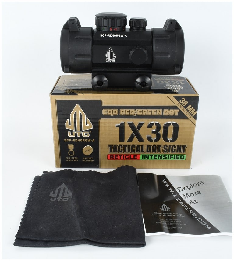 UTG SCP-RD40RGW-A 1x30 Tactical Dot Sight: One UTG 1x30 Tactical Dot Sight, model SCP-RD40RGW-A, designed as a quick-aim firearm optic for close-quarters applications. This sight features a 38mm tube diameter and a durable matte black finish w