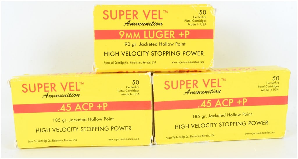A Lot of 150 Rounds of Super Vel High Velocity Stopping Power Ammunition in .45 ACP and 9mm Luger: This lot consists of 150 rounds of centerfire pistol ammunition manufactured by the Super Vel Cartridge Co. of Henderson, Nevada. The group includes one 50-round box of 9mm Luger +P ammunition