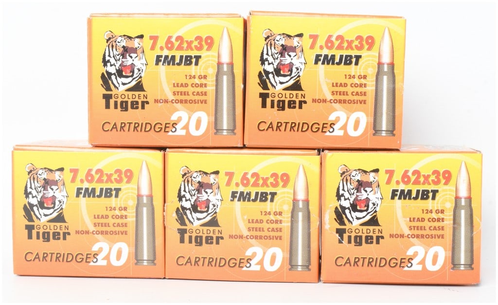 A Lot of 100 Rounds Golden Tiger 124 Grain FMJBT Ammunition 7.62x39mm: This lot consists of 100 rounds of Golden Tiger brand 7.62x39mm ammunition, organized into five individual boxes of 20 cartridges each. The load features a 124-grain Full Metal Jacket Boat Tail