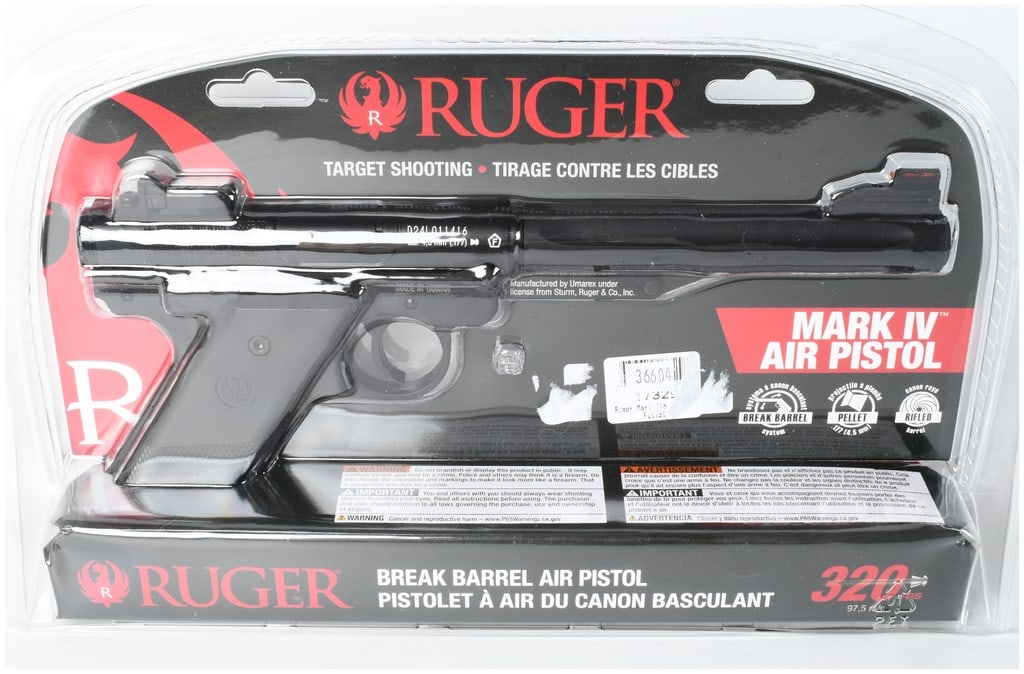 Ruger Mark IV Break Barrel Air Pistol .177 Caliber with 5.3 Inch Barrel: This Ruger Mark IV is a break-barrel air pistol chambered for .177 caliber (4.5 mm) pellets, designed for target shooting and manufactured by Umarex. It features a rifled barrel, a one-stroke cocking 