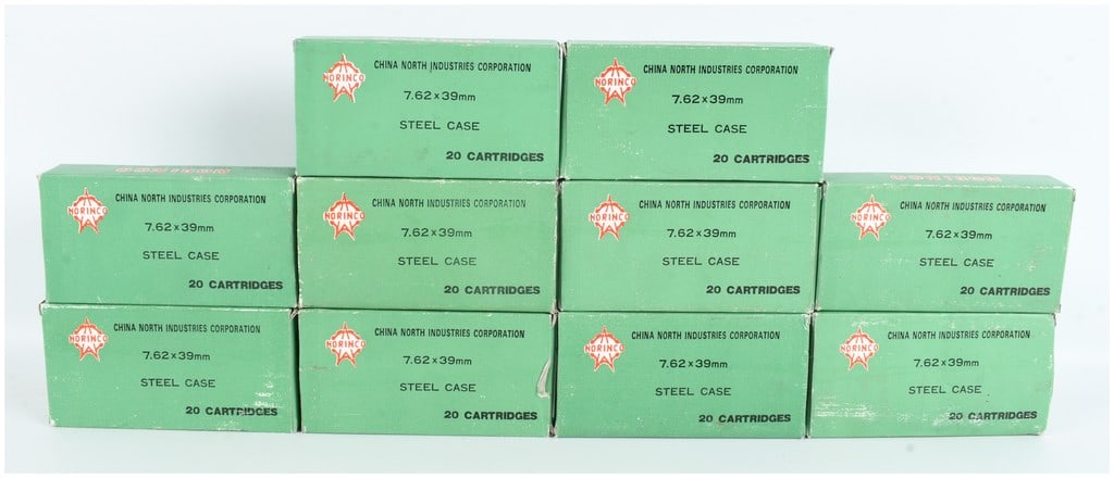 Norinco 7.62x39mm Steel Case Ammunition Lot of 200 Rounds 1993: A lot of 200 rounds of Norinco 7.62x39mm centerfire rifle ammunition, consisting of ten green cardboard boxes each containing 20 cartridges. The cartridges are constructed with dark brown lacquered st