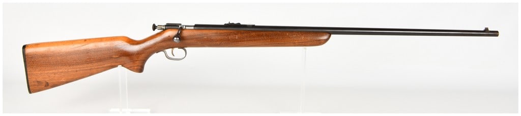 Winchester Model 67 Bolt Action Rifle .22 Short, Long, and Long Rifle with 27 Inch Barrel: This Winchester Model 67 is a single-shot bolt-action rifle chambered for .22 Short, Long, and Long Rifle cartridges. It is configured with a 27-inch round barrel fitted with standard iron sights cons
