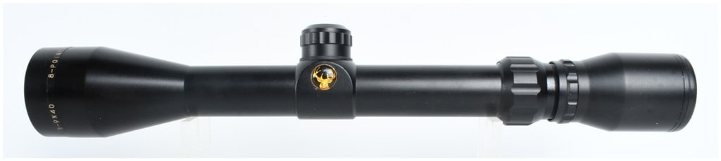 Simmons 8-Point 3-9x40mm Variable Power Rifle Scope: A Simmons 8-Point variable power rifle scope featuring a 3-9x magnification range and a 40mm objective lens. The scope is constructed with a matte black finish and utilizes a standard duplex crosshair