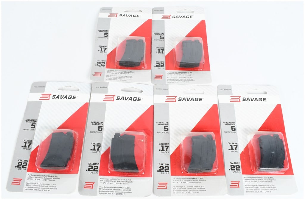 A Lot of 6 Savage 90005 Bolt Action Magazines .22 LR and .17 Mach 2: This lot consists of six factory Savage magazines designed for compatibility with Savage and Lakefield Mark II, 501, 504, and 900 series bolt-action repeating rifles. Each magazine is constructed of s