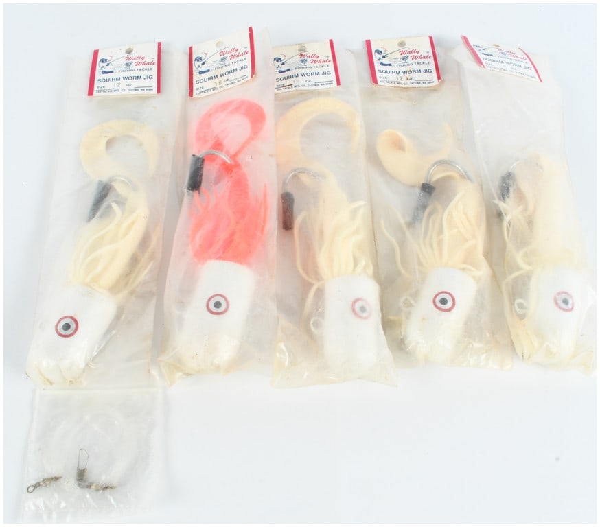Five Vintage Zak Tackle Wally Whale Squirm Worm Soft Plastic Offshore Fishing Lures: A collection of five vintage saltwater fishing jigs produced by Zak Tackle Mfg. Co. of Tacoma, Washington, under the brand name Wally Whale Fishing Tackle. The lot features the Squirm Worm Jig model, 