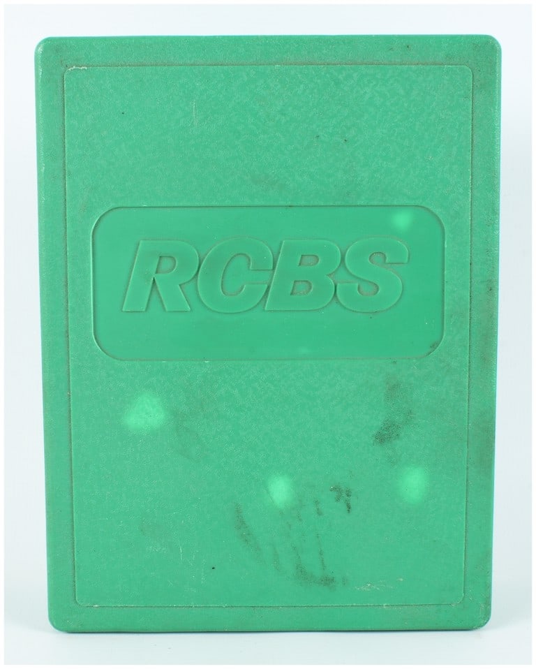 One RCBS Full Length Reloading Die Set for .223 Remington: This 1 Die set for .223 Remington is contained within a signature green RCBS plastic storage case. The case features a side label identifying the contents as an RCBS F L Die Set, P/N 11101, Group A, u