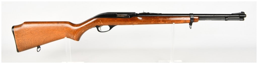 Glenfield Model 75C Semi-Automatic Rifle .22 L.R. with 18 Inch Barrel: This is a Glenfield Model 75C semi-automatic rifle chambered for .22 L.R. only, manufactured by the Marlin Firearms Co. It features an 18 inch blued steel barrel equipped with an under-barrel tubular 