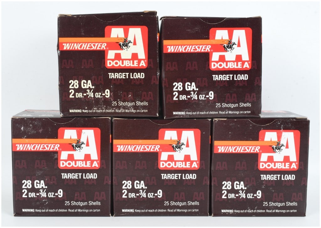 A Lot of 125 Winchester AA Target Load Shotgun Shells 28 Gauge: This lot consists of five boxes containing a total of 125 rounds of Winchester AA Double A Target Load 28 gauge shotgun ammunition. Each individual box holds 25 shells configured with a 2 3/4 inch len