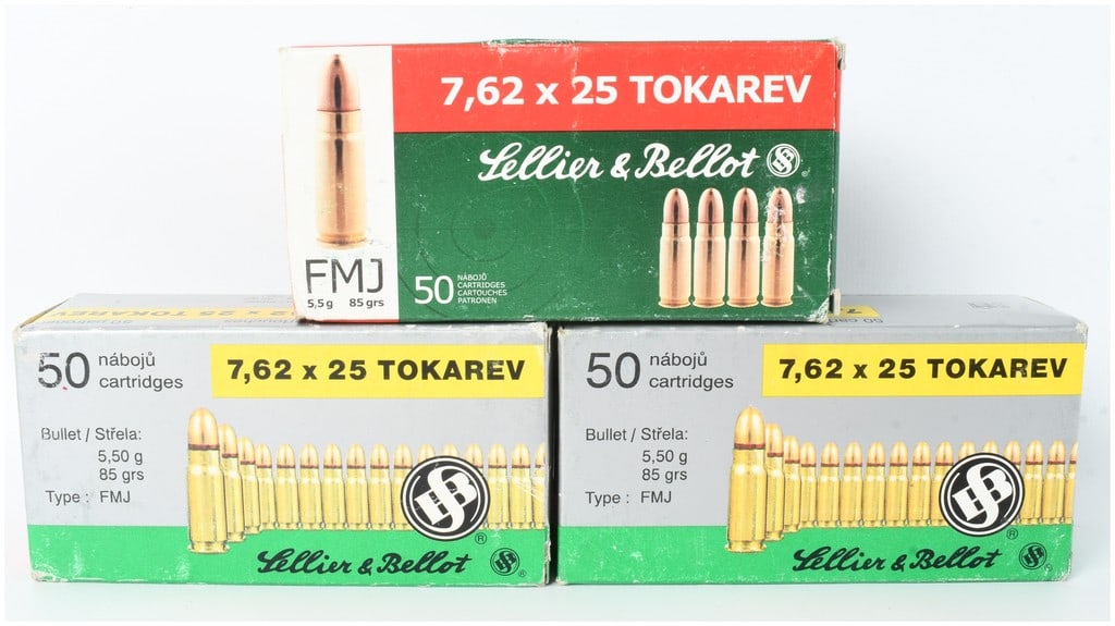 Sellier and Bellot 7.62x25mm Tokarev Ammunition 150 Rounds: This lot features a total of 150 rounds of 7.62x25mm Tokarev handgun ammunition manufactured by Sellier and Bellot. The collection is comprised of three 50-round boxes, including one earlier productio