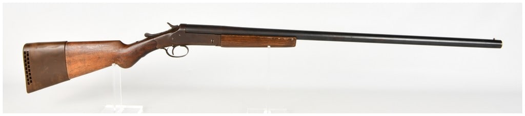 Massachusetts Arms Co. Single Shot Break Action Shotgun 12 Gauge with 30 Inch Barrel: This single-shot break-action shotgun is chambered in 12 gauge and features a 30 inch barrel with a choke-bored muzzle. The firearm is equipped with an external hammer and a single trigger mechanism. 