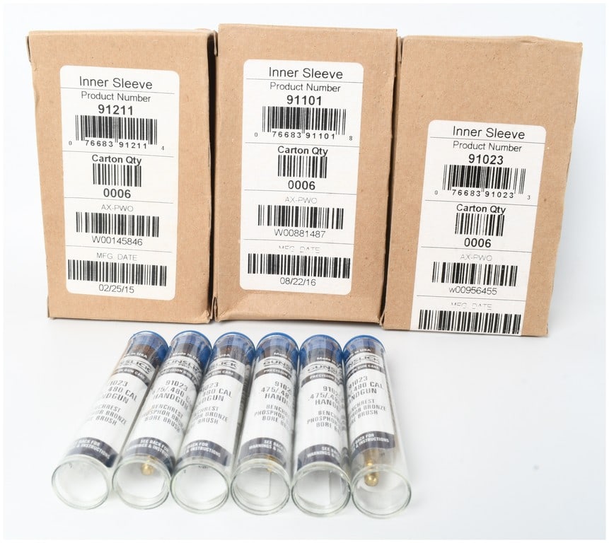 A Set of 18 Gunslick Pro Phosphor Bronze Handgun Bore Brushes: A collection of 18 Gunslick Pro Benchrest phosphor bronze bore brushes designed for .475/.480 caliber handguns. Each brush is housed in an individual clear plastic storage tube with a blue plastic cap